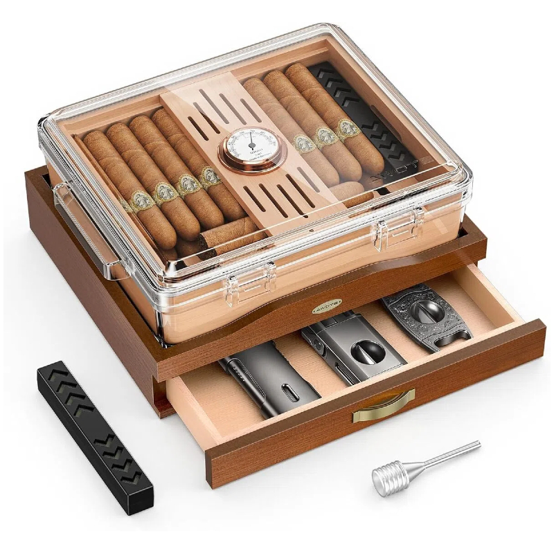 Home Fragrance Maple Walnut - Acryl-Zigarren-Humidor-Box, Desktop-Zigarrenetui mit Holzsockel, Zedernholztablett, Hygrometer,